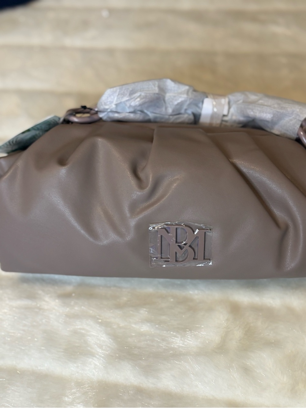 Badgley Mischka Taupe Ruched Leatherette Shoulder Dumpling Clutch